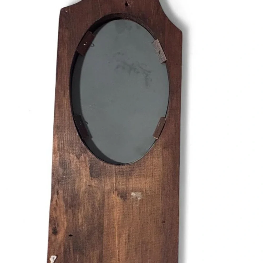 Vintage Solid Oak Wall Shaving Mirror Shelf Soap Mug Holder Farmhouse Rustic